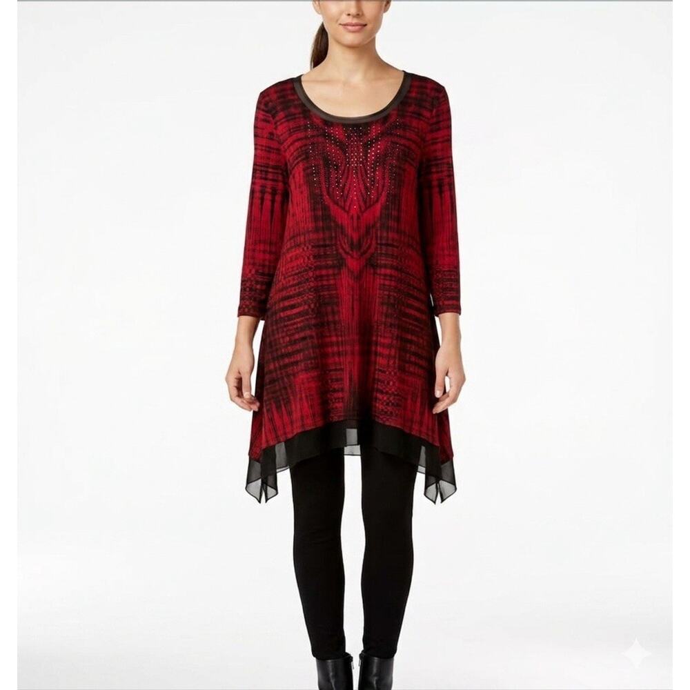 One World Embellished Asymmetric Tunic Blouse Red Black Mesh Hem Sz M Gothic